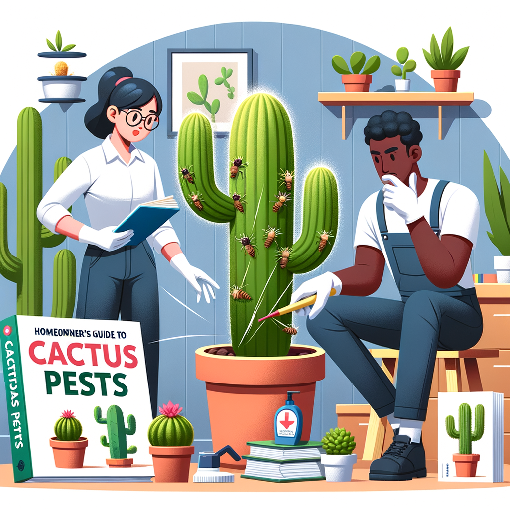 Homeowner inspecting indoor cactus for common pests with 'Homeowner's Guide to Cactus Pests' and pest control solutions, symbolizing successful prevention and care of indoor and outdoor cactus pests.