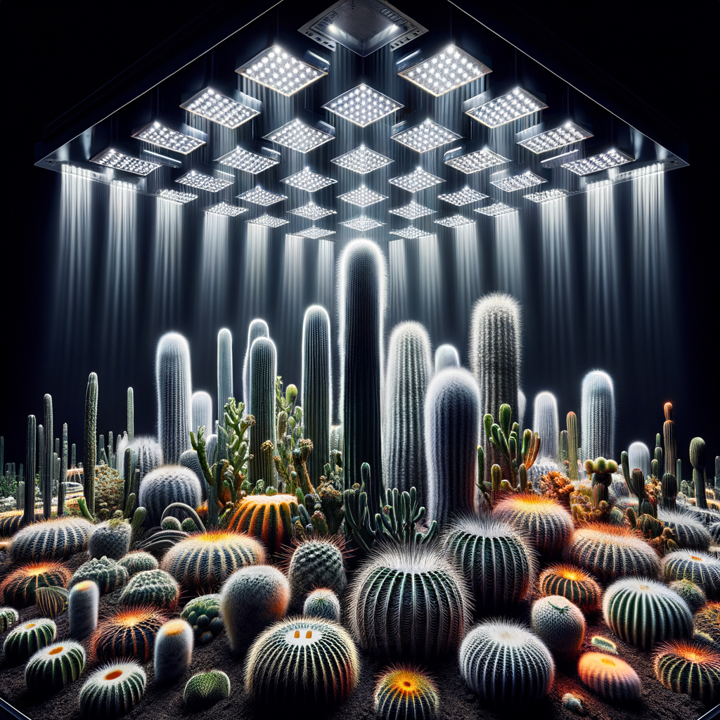 Indoor cacti growth under energy-efficient LED lights showcasing the benefits of LED lighting for cacti indoor cultivation and care.