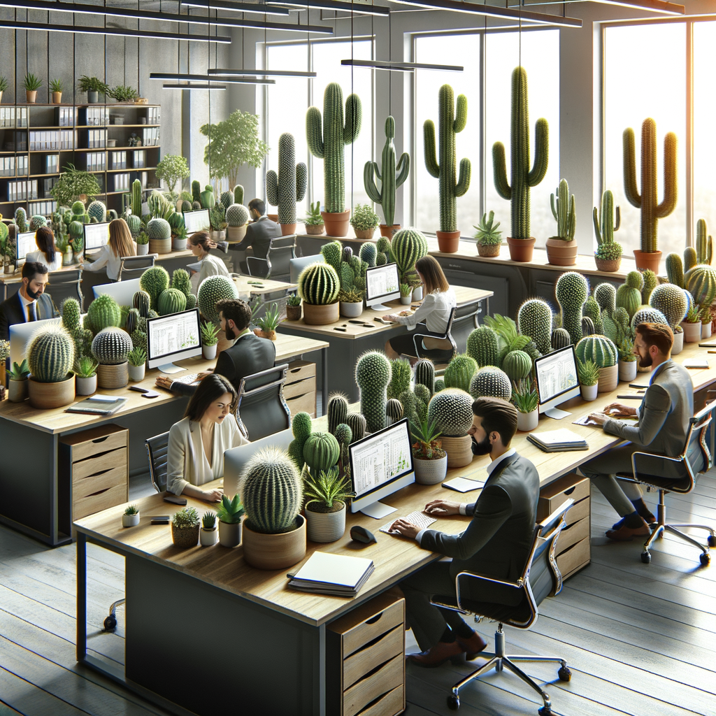 Variety of indoor cacti enhancing office decor, showcasing the aesthetic and health benefits of cacti as office plants for improving office environment.