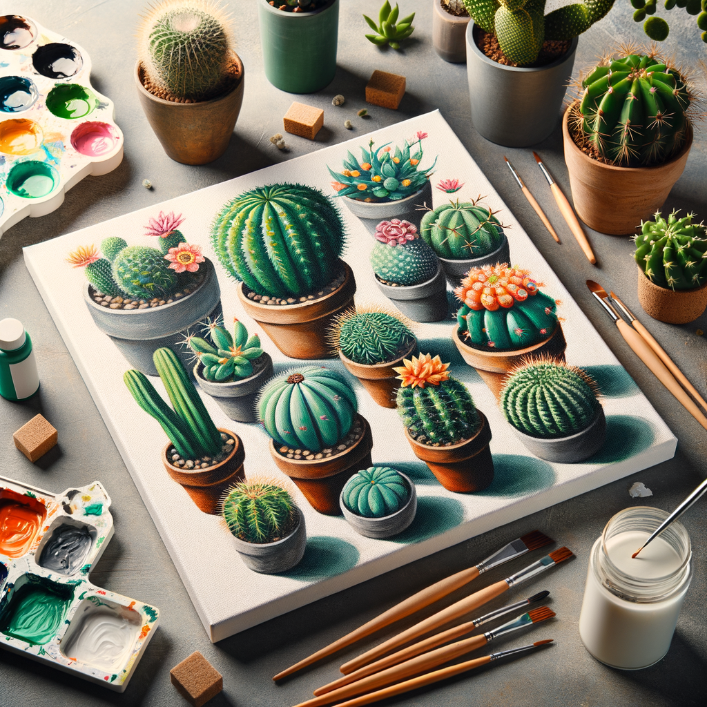 Vibrant DIY acrylic cacti painting on canvas showcasing homegrown cacti and various painting techniques, a unique indoor plant art and home decor idea highlighting succulent paintings.
