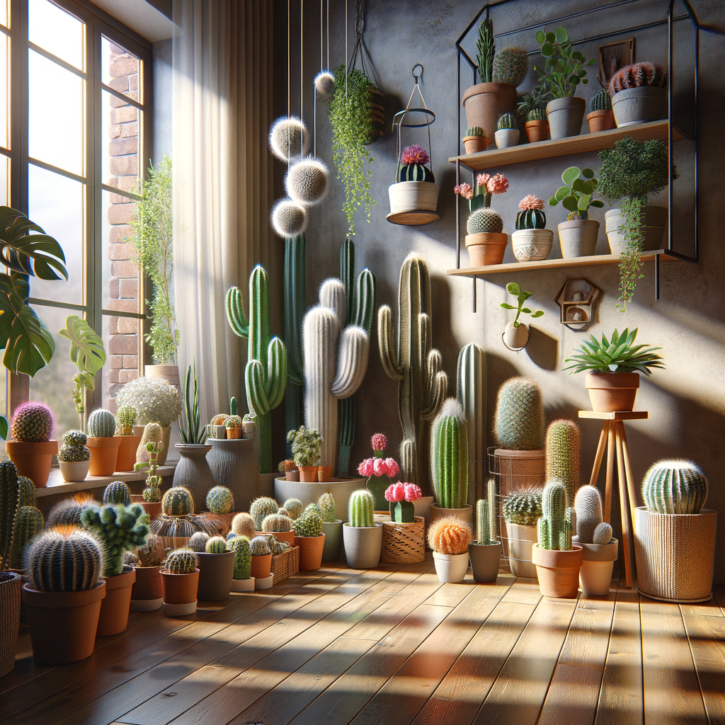 Indoor cacti plants artfully arranged in a tiny home setting, showcasing small space gardening trends and cacti care for tiny home plant decor.