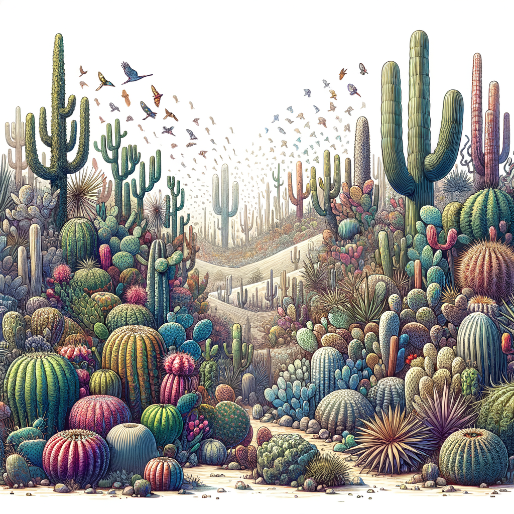 Various species of cacti demonstrating environmental adaptation and survival mechanisms in their desert habitat, showcasing cacti communication and interaction with their environment.