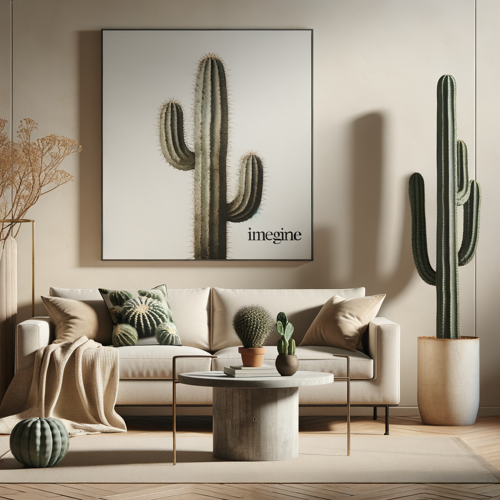 Minimalist cactus design in a balanced cactus-themed room featuring subtle cactus decor elements like a cactus print throw pillow, a small cactus plant, and cactus-themed wall art for cactus room design inspiration.