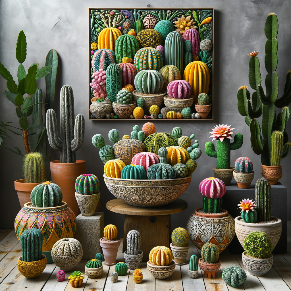 Vibrant DIY cactus sculptures as home cactus art, showcasing indoor cactus sculptures and living plant art in home decor with cacti, exemplifying cactus as living art.