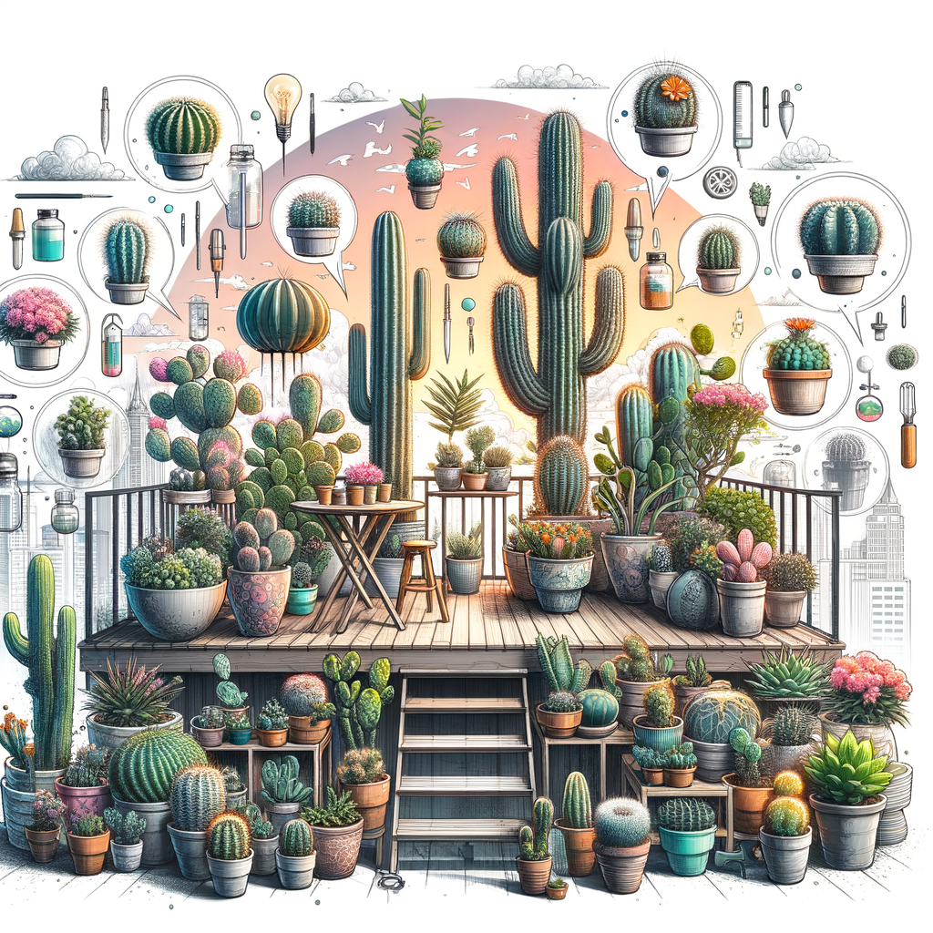 Expertly designed small space cactus garden layout for a balcony, featuring a variety of cactus species, innovative balcony garden ideas, and essential cactus care tips.