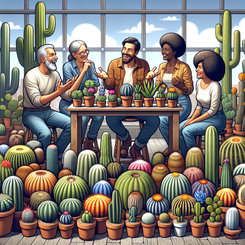 Enthusiastic home growers discussing cactus care and varieties while cultivating indoor cacti, exemplifying the process of starting a cactus community and building a home growers group for cactus growing at home.