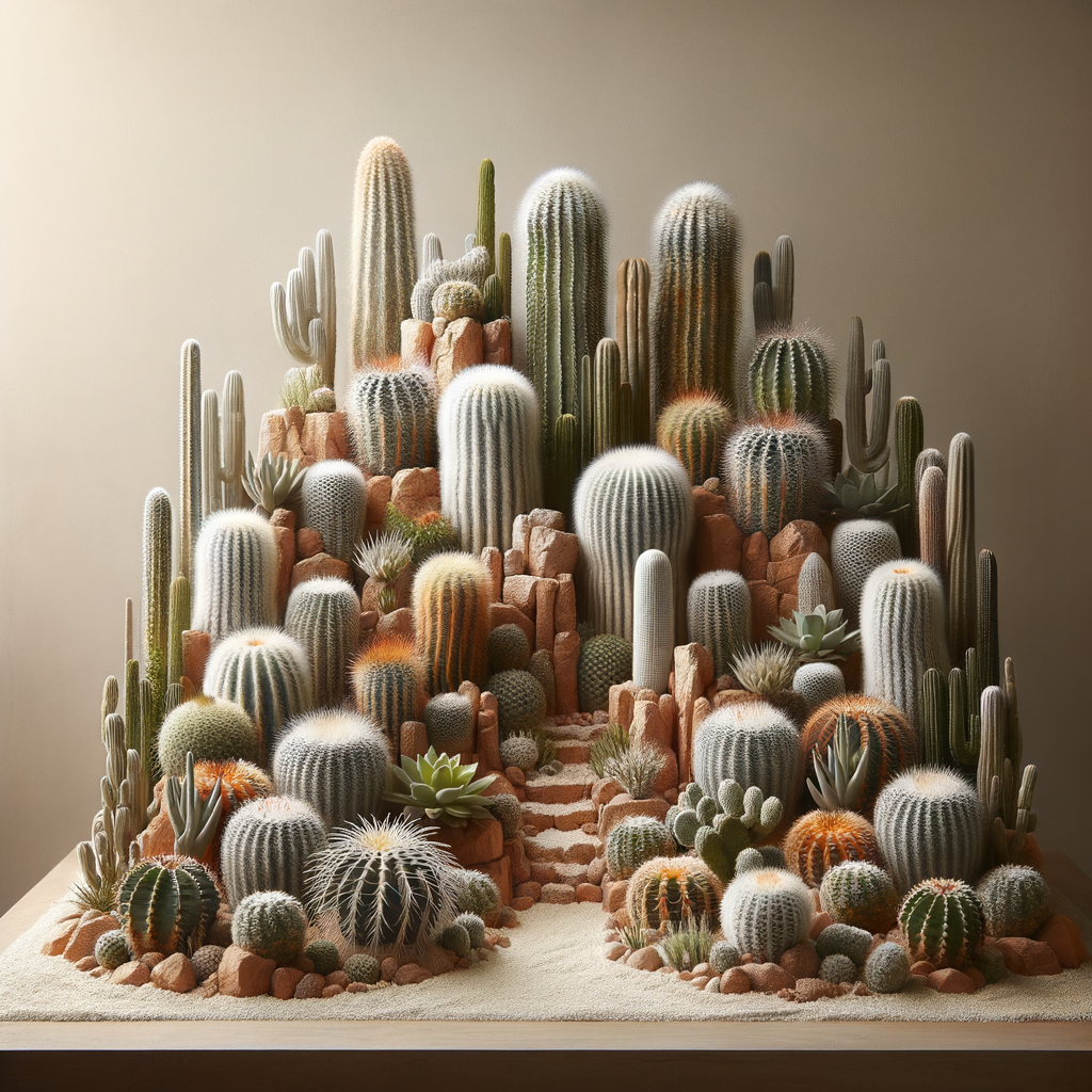 Indoor cactus garden featuring a miniature desert design, showcasing a variety of indoor desert plants and innovative cactus landscaping ideas for a desert-themed interior design with a focus on indoor succulent landscaping and cactus care.