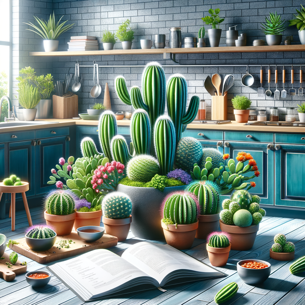 Indoor cactus gardening featuring homegrown edible cactus varieties in a stylish kitchen, illustrating cactus kitchen ideas, cactus care tips, and cactus recipes for home gardening enthusiasts.