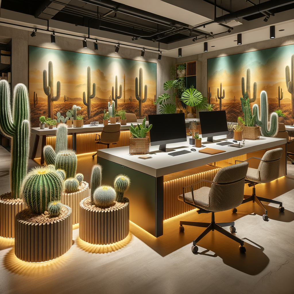 Desert-themed office design incorporating cacti office decor and desert-inspired colors in a unique workspace.