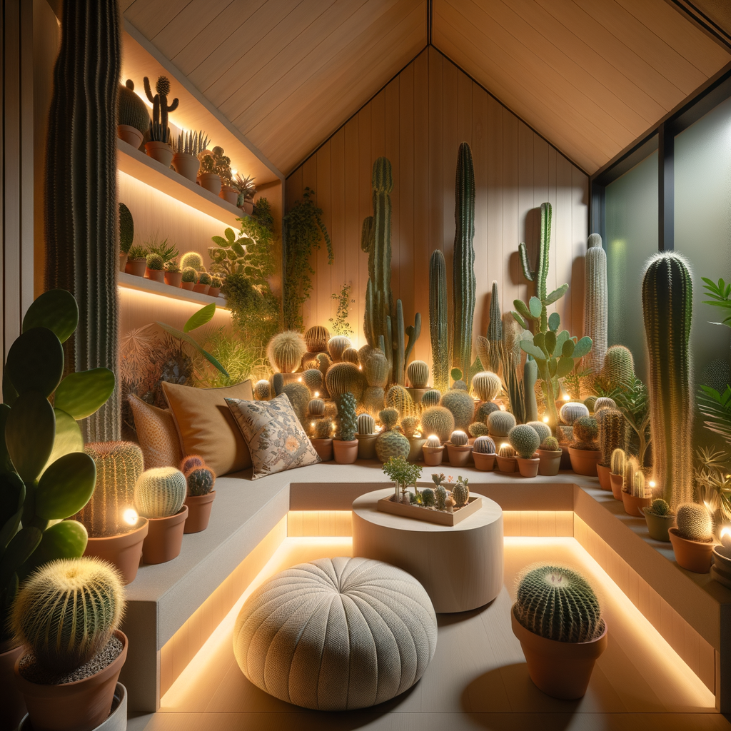 Relaxing home nook design featuring indoor cacti plants as cozy corners ideas, illustrating cacti in interior design for a serene cacti home decor.