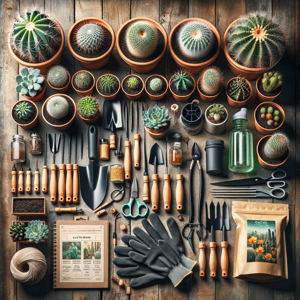 Essential cactus gardening tools, cactus care essentials, and must-have cactus accessories displayed in a comprehensive cactus gardening kit on a wooden table, illustrating a cactus enthusiast guide.
