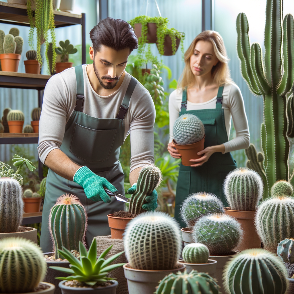 Organic home gardener demonstrating eco-friendly cactus care and sustainable gardening practices in a thriving home cactus garden, highlighting green tools and organic fertilizers for sustainable cactus maintenance.