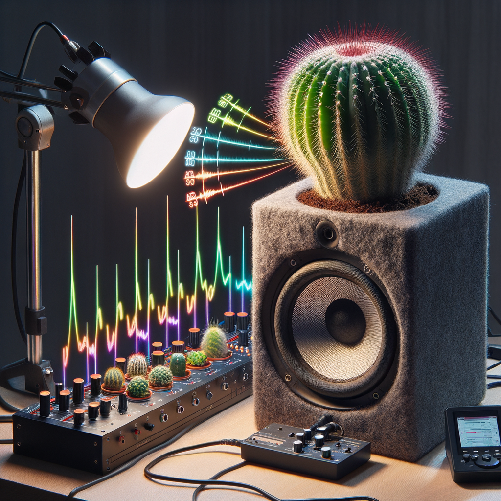 Indoor gardening experiment setup demonstrating the effect of music on cactus growth, showcasing the impact of sound frequencies on plant biology, specifically cacti, as part of a home experiment studying music's influence on plant growth.