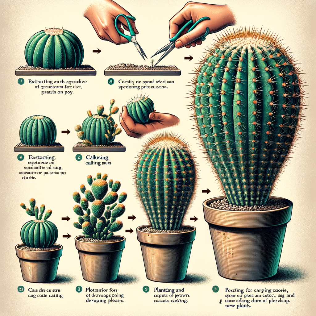 Step-by-step cactus propagation guide showing a healthy cactus, cutting, new growth in a pot, and tips for cactus cutting care and indoor cactus growing, emphasizing succulent propagation and cactus gardening tips.