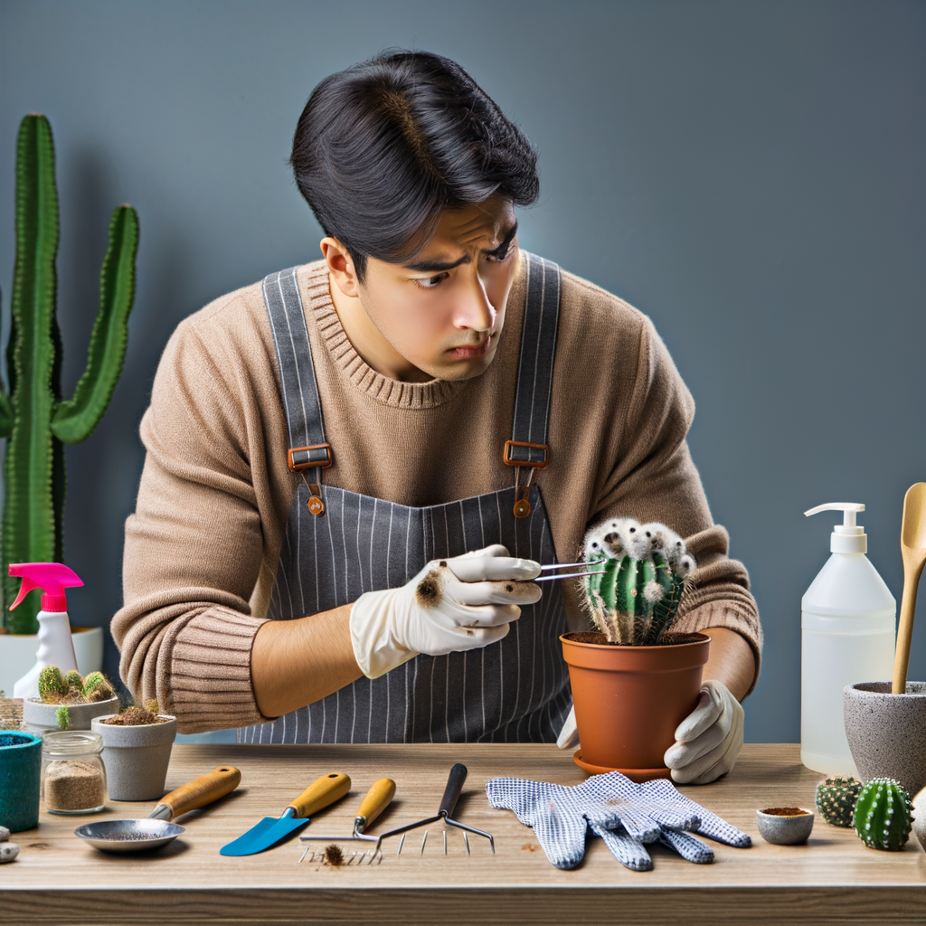 Professional home gardener applying natural mold treatment to indoor cactus, demonstrating cacti mold prevention and treatment, with cacti care tools and mold remedies arranged on table for home gardening tips for cacti.