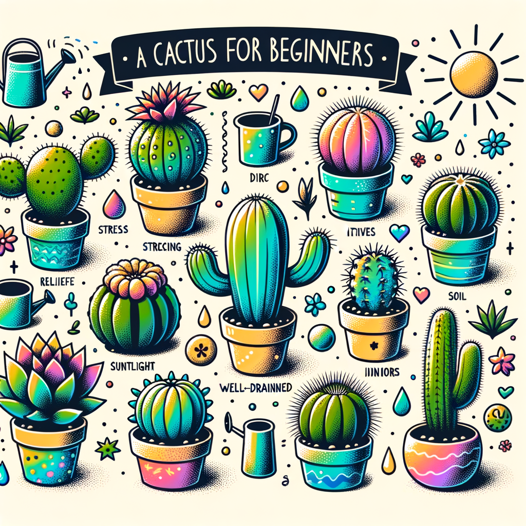 Beginner-friendly cacti varieties labeled in a vibrant image with cacti care guide symbols, highlighting the benefits of choosing easy to grow cacti for stress relief and home decor.