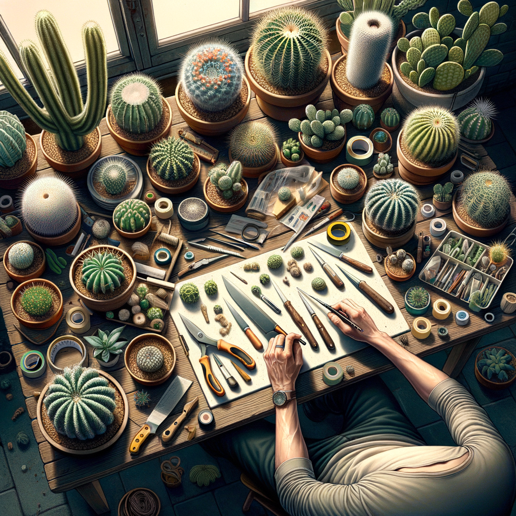 Hobbyist's home workspace featuring various cacti species, DIY cacti grafting tools, and a guide illustrating both beginner and advanced cacti grafting techniques for indoor cacti grafting.