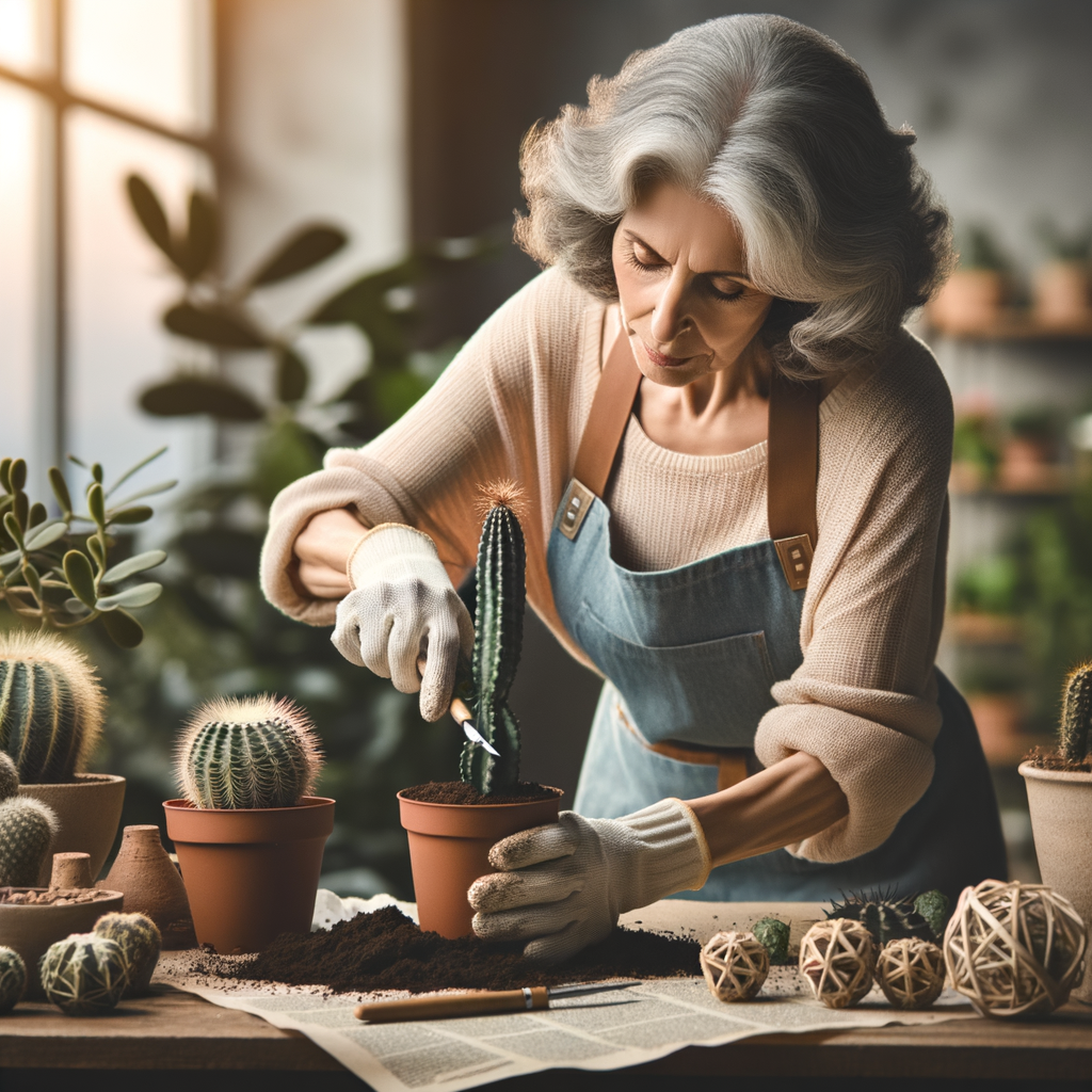 Professional gardener demonstrating cacti transplanting techniques at home, providing a comprehensive cacti transplanting guide and repotting tips for optimal indoor cacti care and the best time to move cacti.