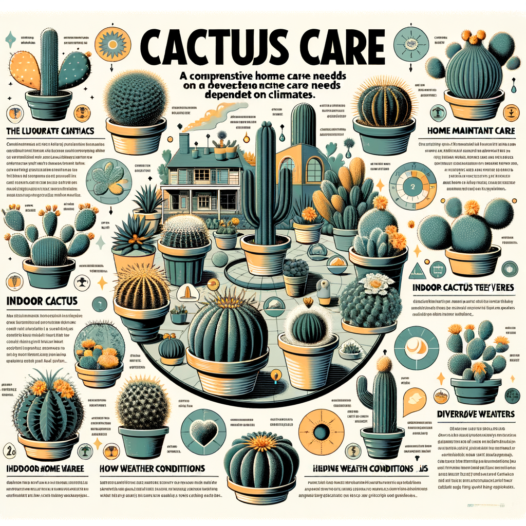 Comprehensive Cactus Care Guide infographic detailing Indoor Cactus Care Tips and Home Cactus Maintenance for various weather conditions, ideal for home gardening enthusiasts.