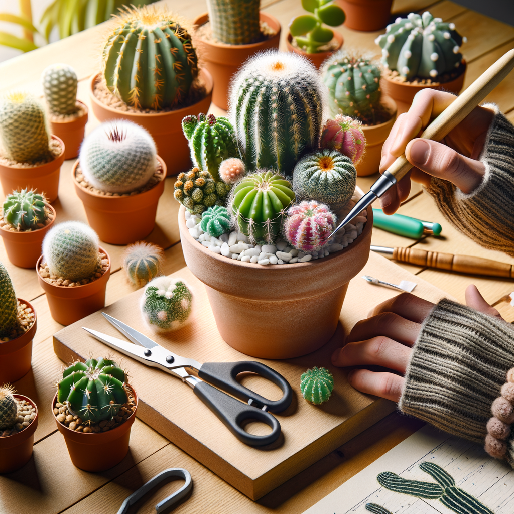 Step-by-step DIY cactus grafting tutorial showcasing cactus grafting techniques and indoor cactus care for beginners in home gardening, featuring a variety of cacti and grafting tools in a well-lit indoor setting.