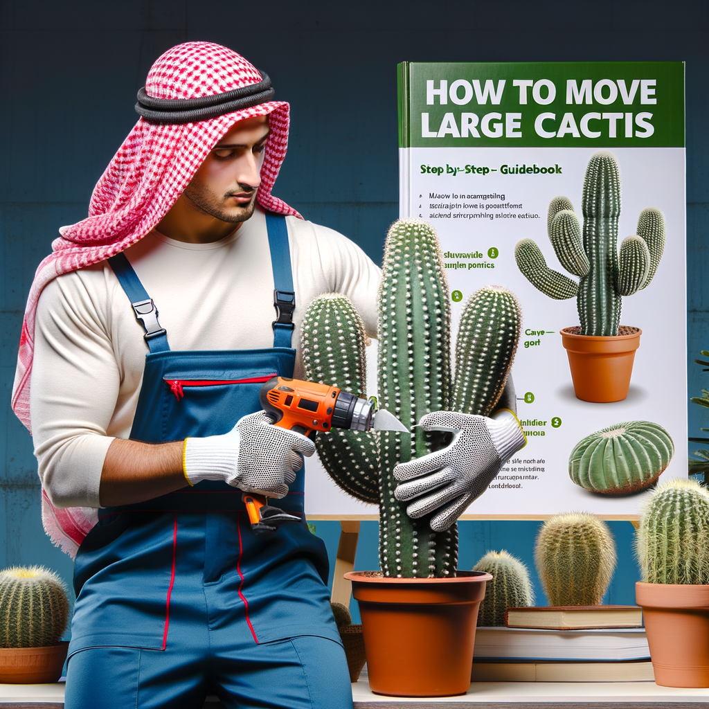 Professional gardener demonstrating cacti transplanting techniques and large outdoor cacti care, using safety measures for cacti transplant, with 'How to move large cacti' guidebook in the background.