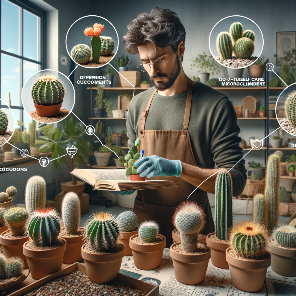 Professional home gardener creating a microclimate for a diverse home cactus collection, showcasing indoor cactus care and cactus growing tips for maintaining a healthy home cactus environment.
