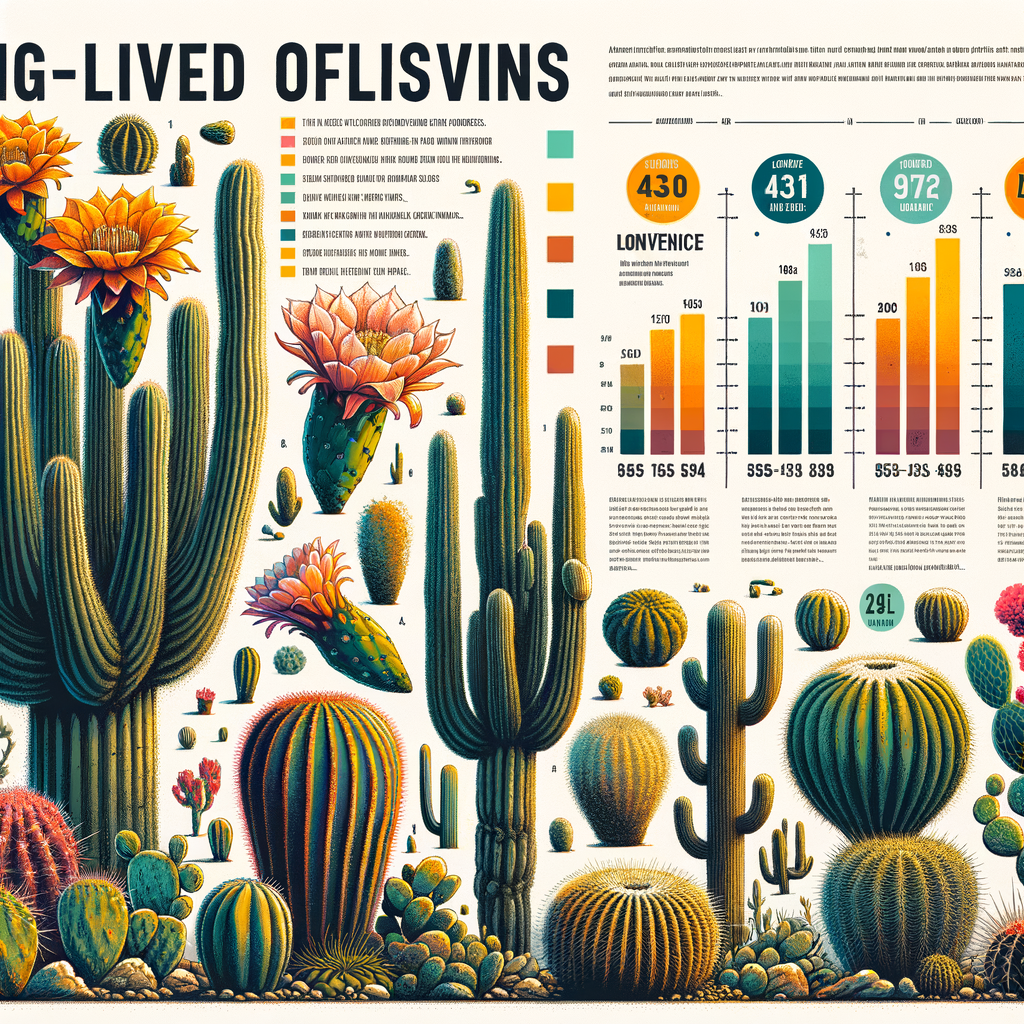 Infographic illustrating the longest living cactus species, comparing cactus lifespan, durability, and longevity of various types of long living cacti and succulents, highlighting the oldest and longest surviving cactus species.