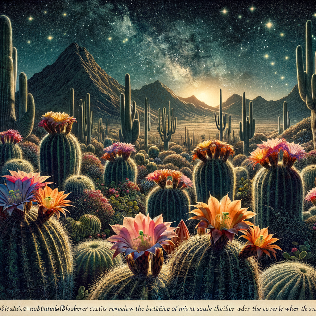 Vibrant nocturnal cacti species showcasing their unique cacti blooming habits, with cacti flowers in full bloom under a starry night sky, illustrating the cacti blooming cycle and why cacti bloom at night.