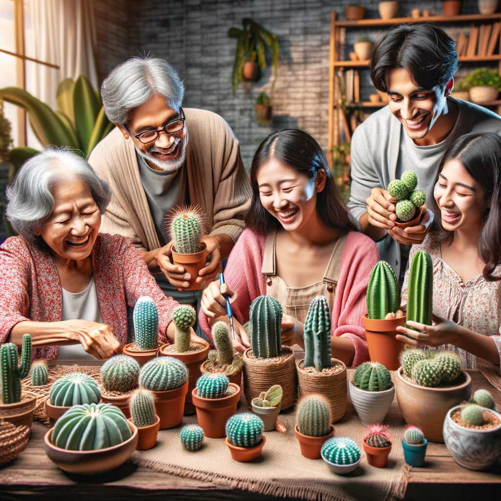 Multi-generational family practicing traditional cactus care techniques at home, emphasizing the importance of indoor cactus care and symbolizing a family tradition in plant care.
