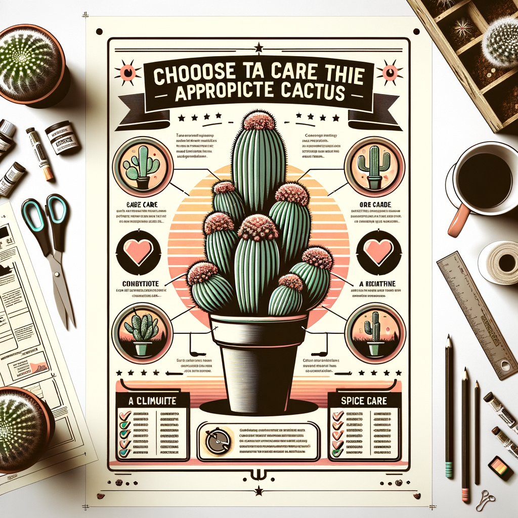 Comprehensive cactus selection guide infographic detailing various cacti species, their optimal climate zones, and specific care instructions for choosing the right cactus for your environment.