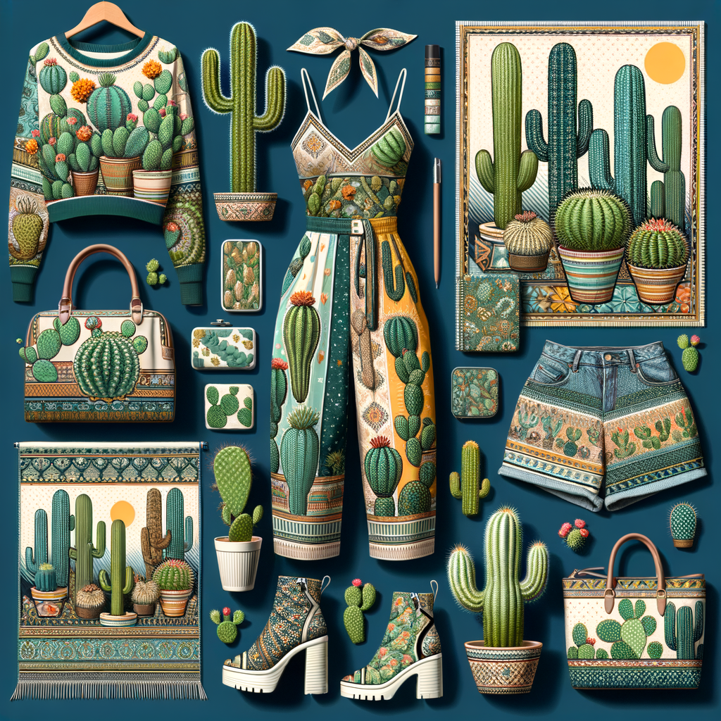 Artistic display of cacti fashion trends, featuring cactus inspired clothing and cacti patterns in textile design, highlighting the popularity of cacti in fashion and textile art.