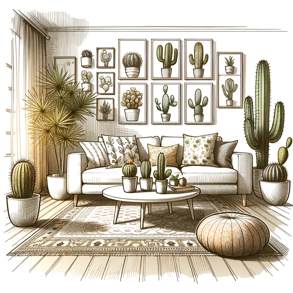 Modern living room showcasing cactus home decor, incorporating cacti in decor through indoor cactus decorations, cactus-themed wall art, and cactus print cushions, illustrating cactus styling tips for a cohesive cactus interior design.