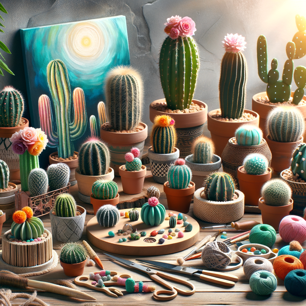 Vibrant display of DIY cactus crafts, cactus-inspired home decor, and cactus artwork for home including painted cactus pots, wall art, and accessories, offering inspiration for cactus craft ideas and projects.