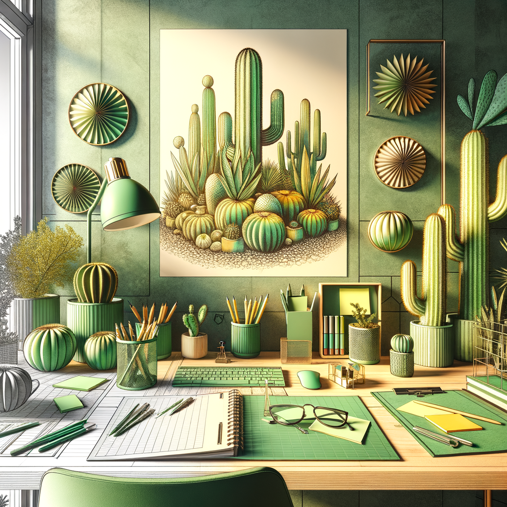 Cactus-themed workspace showcasing a variety of desert plant stationery and green home office decor, including cactus desk accessories and succulent-themed stationery, in a tastefully designed indoor garden workspace.