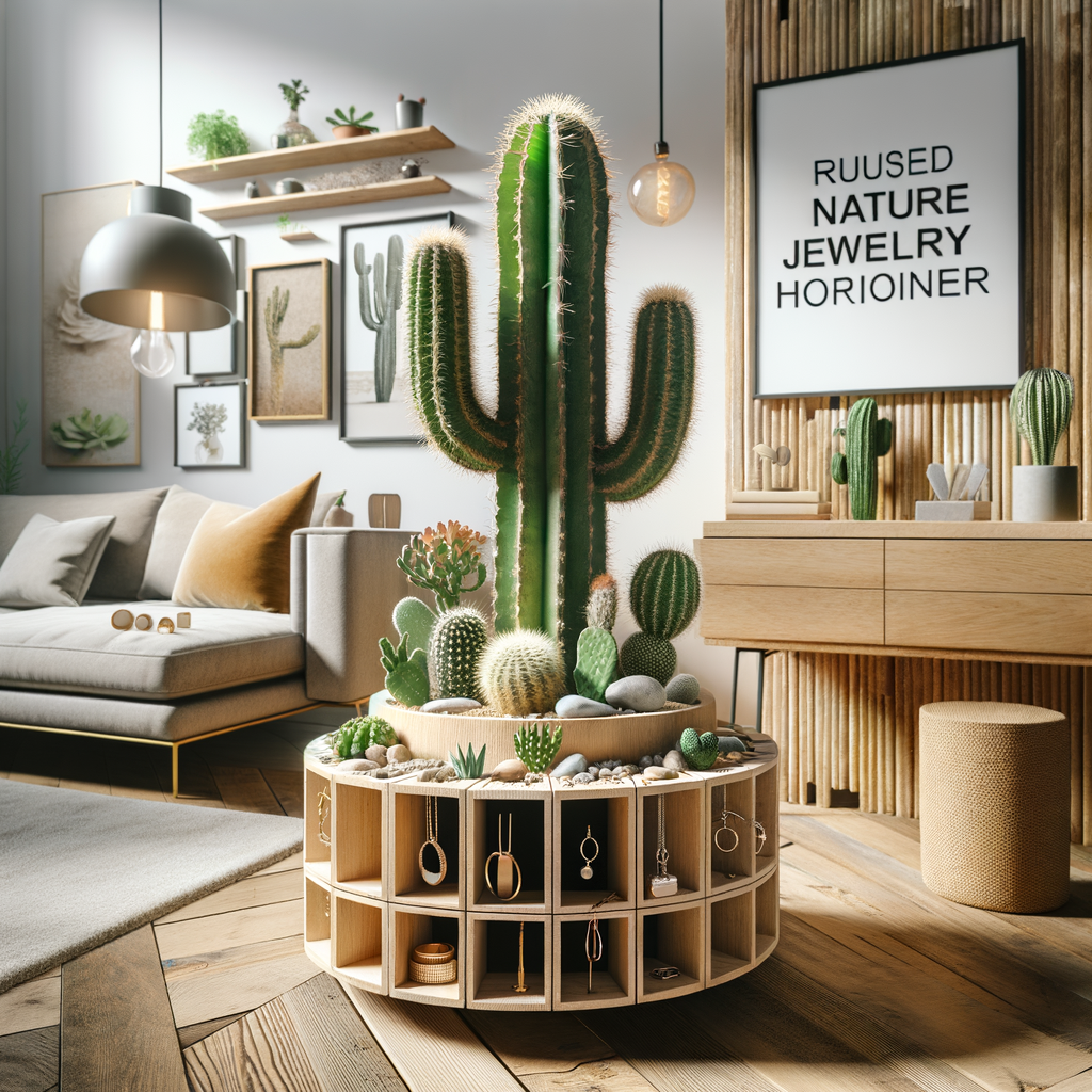 DIY cacti jewelry stand showcasing creative home uses for cacti in a contemporary setting, embodying natural home decor ideas and cactus home decor.