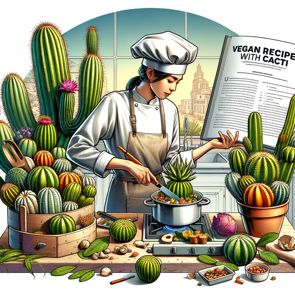 Chef preparing cacti for vegan cooking, showcasing benefits of cacti in vegan diet with 'Vegan Recipes with Cacti' cookbook in the background.