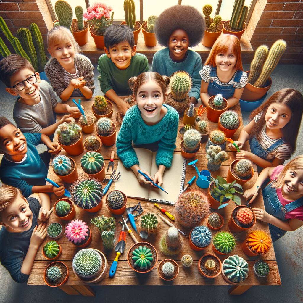 Kids enthusiastically participating in an educational home project on indoor cacti growing, learning about cacti care, and creating a DIY cacti garden as part of their home schooling plant education.