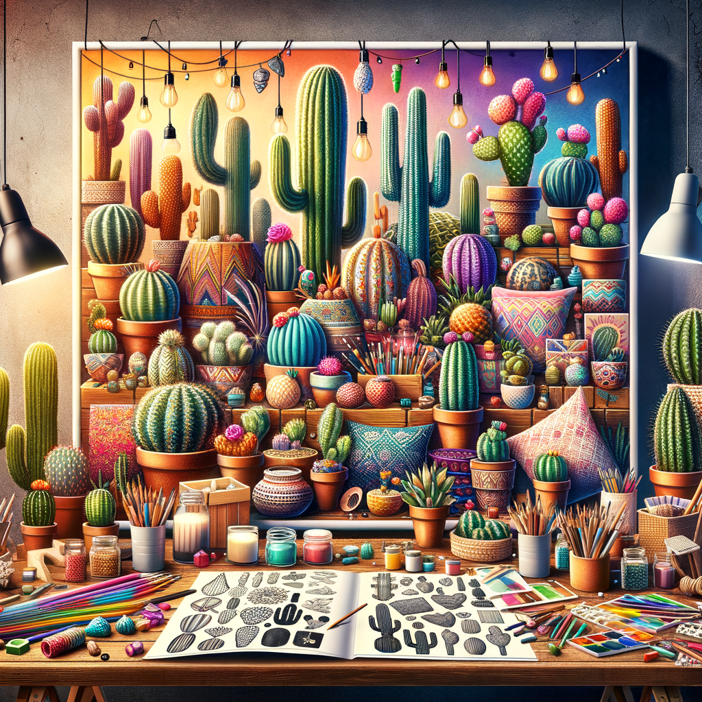 Vibrant display of DIY cacti crafts and cacti home decor on a crafting table, showcasing various cacti DIY ideas for homemade cacti crafts and cactus crafting projects.