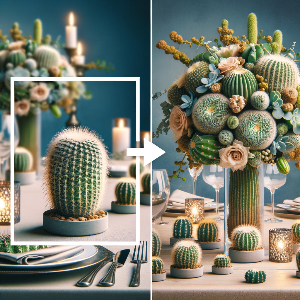 Cacti wedding decor featuring a cactus-themed wedding centerpiece and bouquet, showcasing unique wedding decor ideas for integrating cacti into weddings, desert wedding decor, and succulent wedding decor.