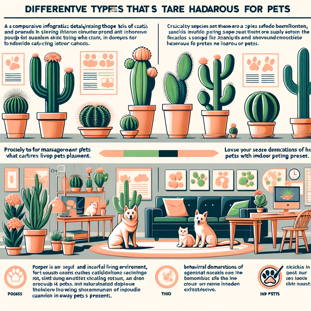 Infographic illustrating pet-friendly cacti and harmful cacti for pets, demonstrating safe cacti and pet interaction in a pet-friendly home environment, and providing tips for managing indoor cacti around pets for pet safety.