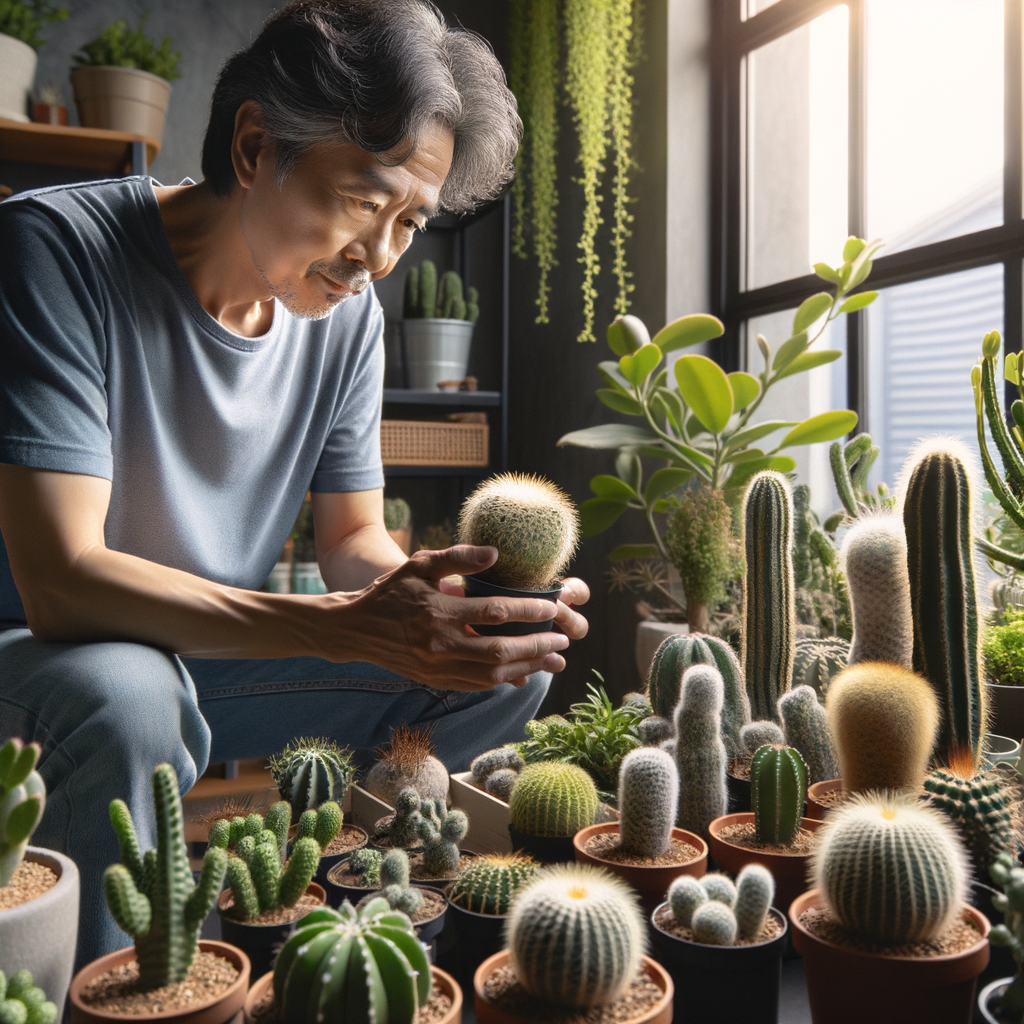 Home gardener nurturing indoor cactus garden, demonstrating the psychology of cactus collecting and its benefits on mental health, emphasizing understanding of cactus care from a home gardener's perspective.