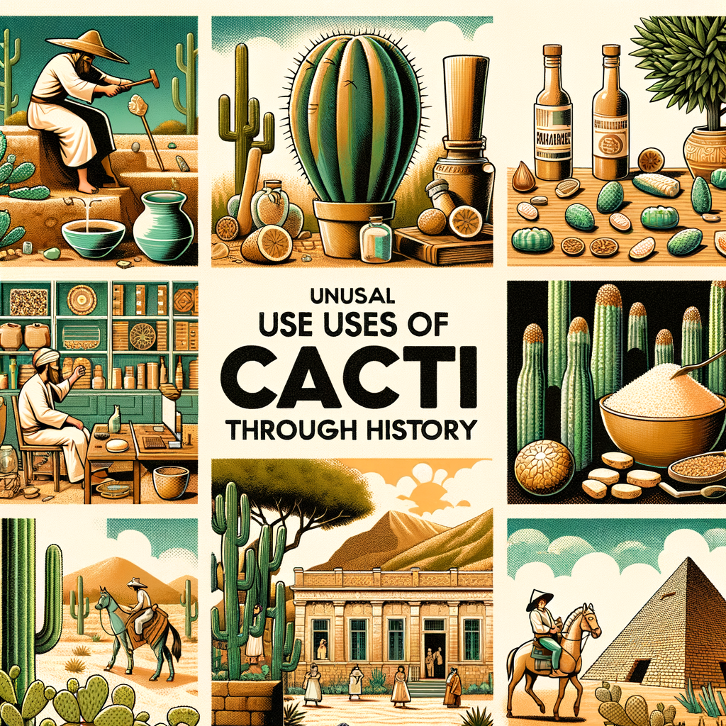 Collage illustrating the unique and unusual uses of cacti throughout history, highlighting their historical significance and applications in food, medicine, and construction in ancient times.