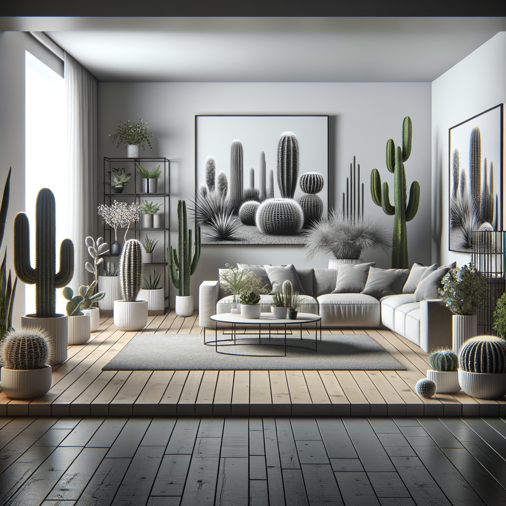 Minimalist home decor featuring a variety of indoor cacti in different shapes and sizes, showcasing the role of cacti in interior design and offering inspiration for minimalist plant decor and cacti home decor ideas.