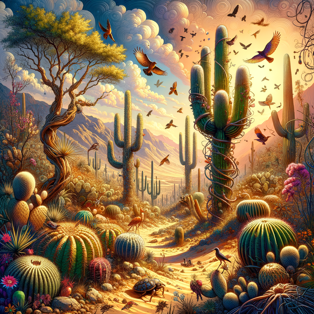 Vibrant illustration of cacti biodiversity in a desert ecosystem, highlighting the influence of cacti on local wildlife, their role in biodiversity, and their impact on local fauna.