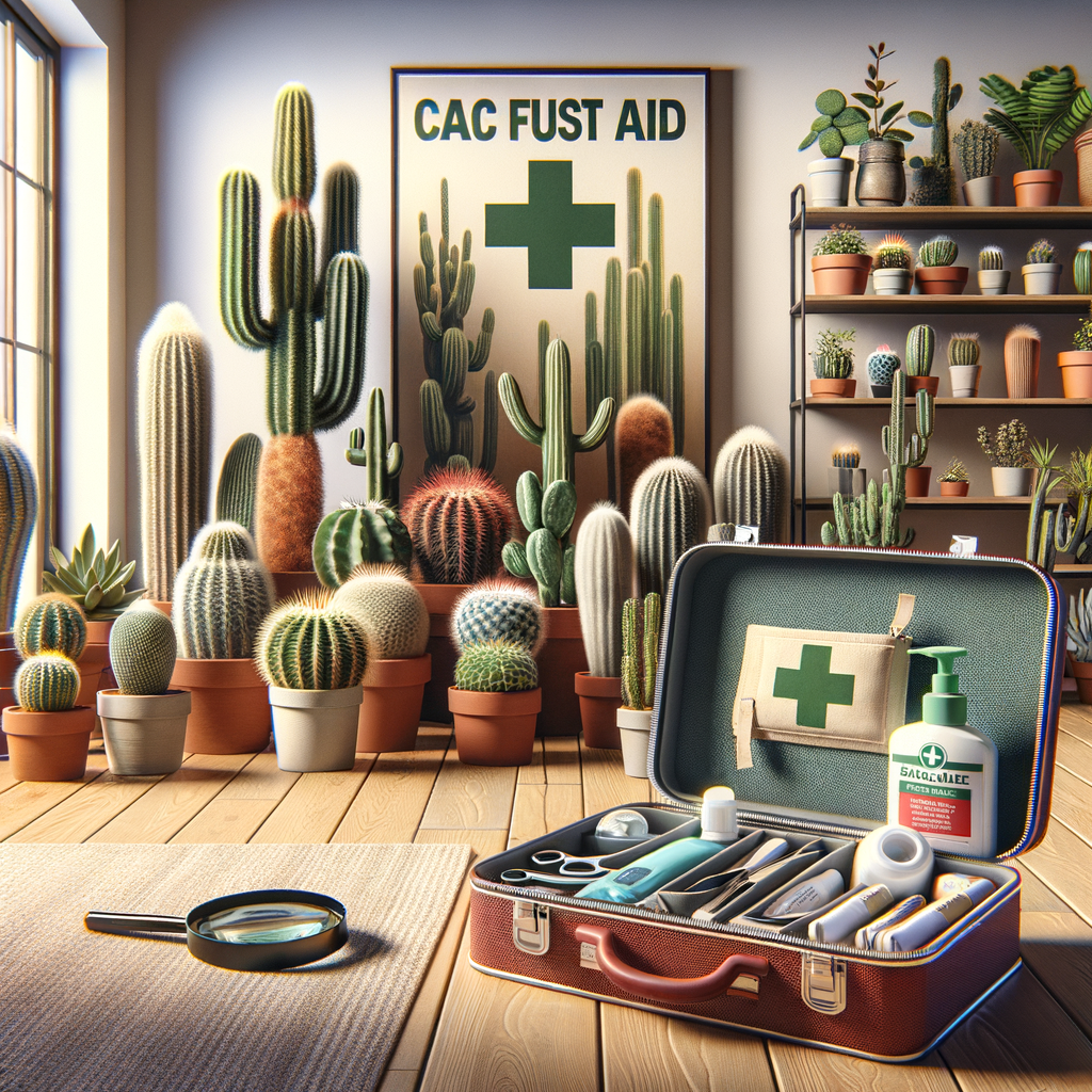 Cactus First Aid kit and safety infographic in a home cactus garden, providing tips on preventing cactus accidents, treating cactus thorn injuries, and home remedies for cactus injuries.