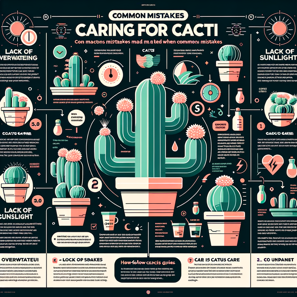 Infographic highlighting common cacti care mistakes and offering a cactus care guide with tips on how to care for cacti correctly to avoid common errors in cactus maintenance.