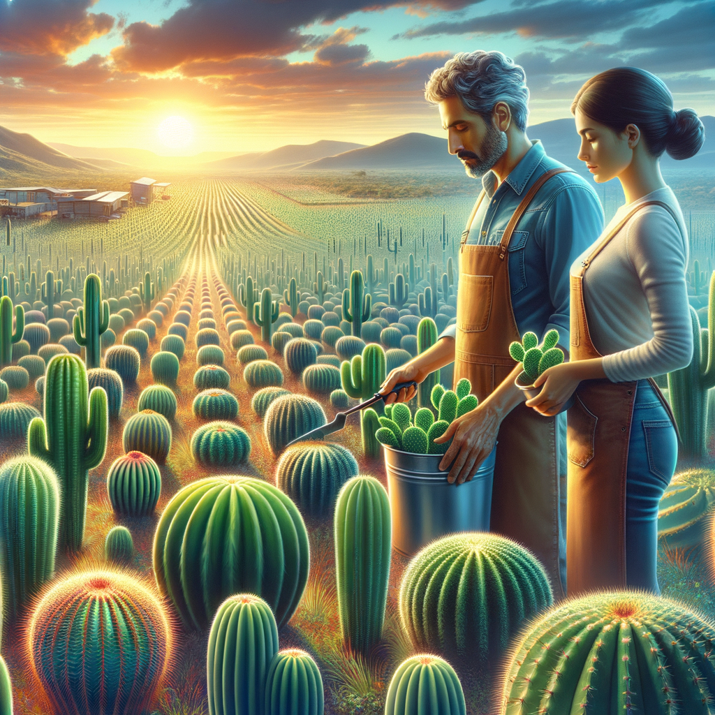 Farmers tending to thriving cacti in a commercial cactus farm, showcasing the increasing popularity, sustainability, and profitability of cactus agriculture and cultivation trends.