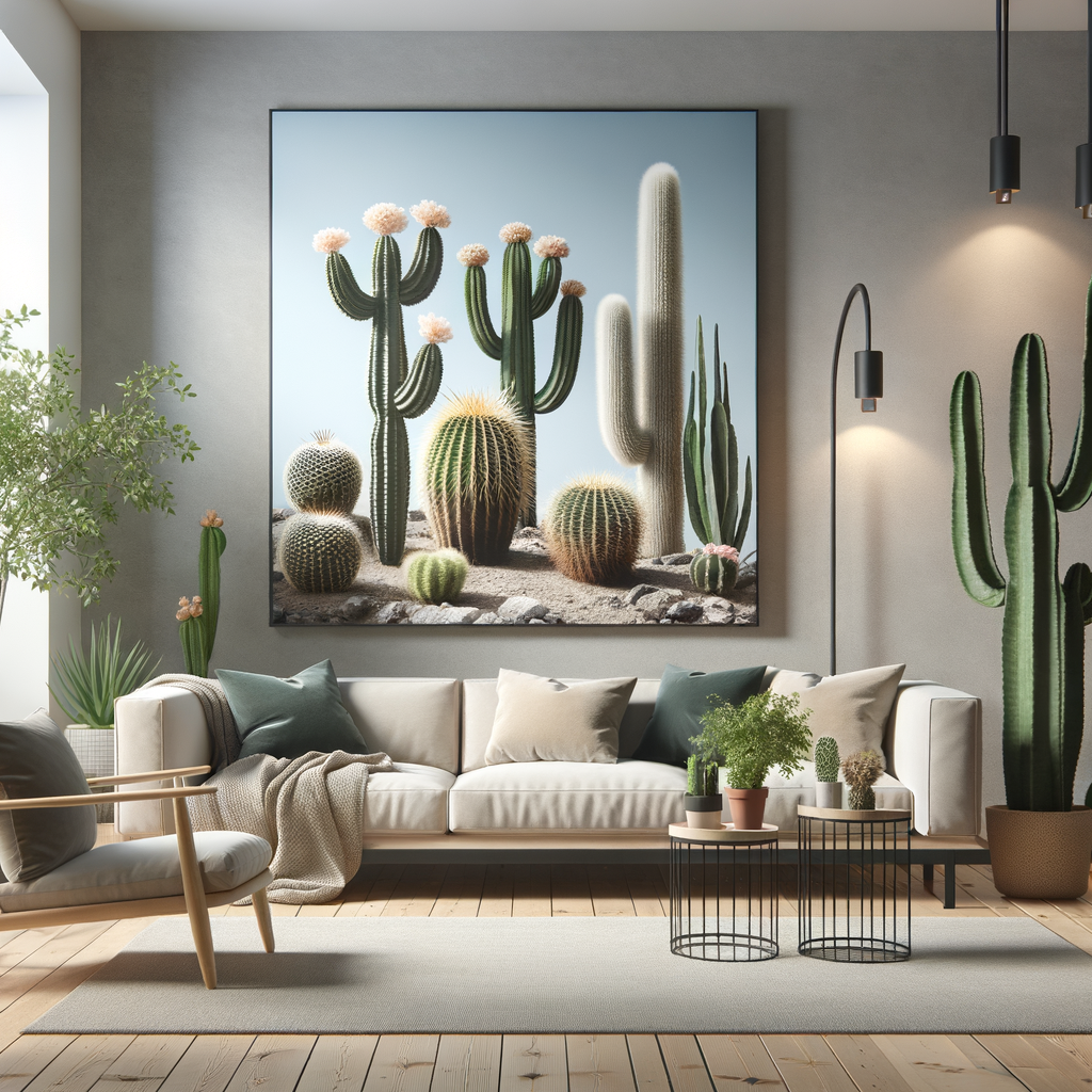 Assortment of air purifying cacti in a modern home setting, demonstrating the benefits of cacti for improving indoor air quality and home air improvement.