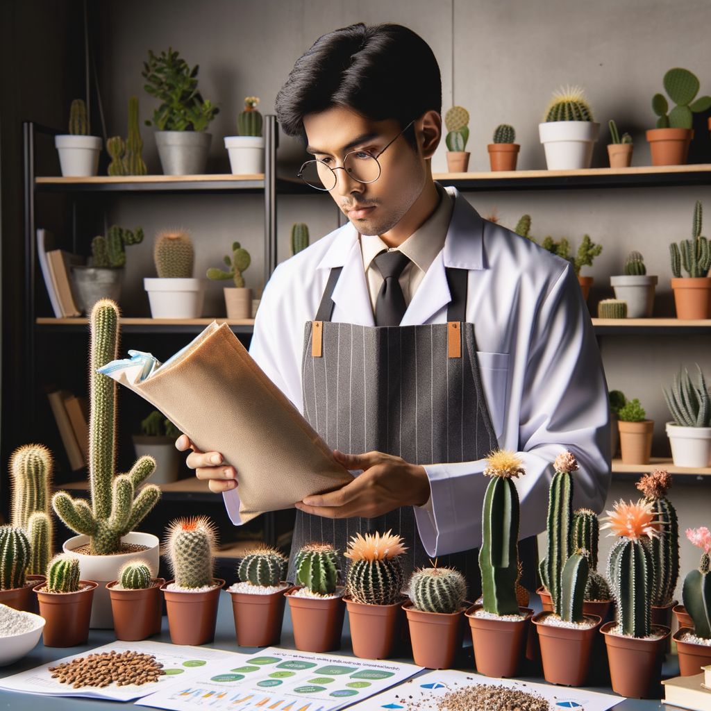 Professional home gardener conducting indoor cactus growth trials, testing cactus fertilizers and soil supplements for optimal home cactus care and nutrition.
