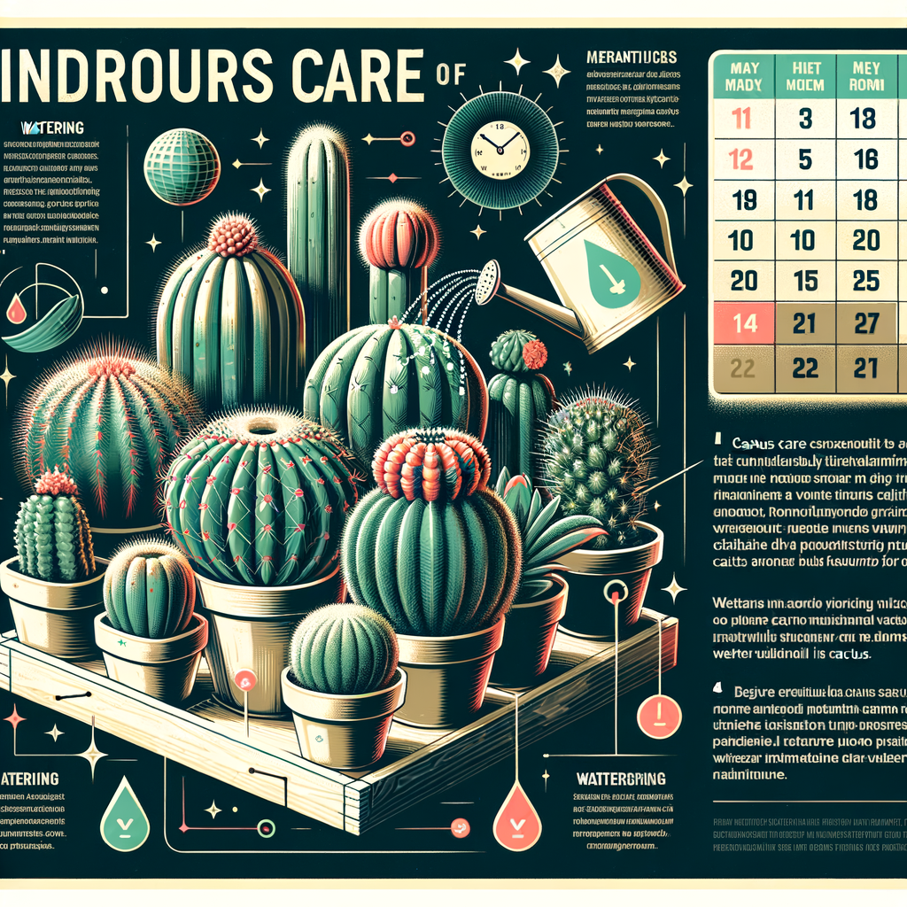 Infographic on indoor cactus care highlighting cactus watering schedule, indoor cactus watering frequency, and tips on how to water cactus for optimal maintenance, featuring various indoor cacti, a watering can, and a calendar.